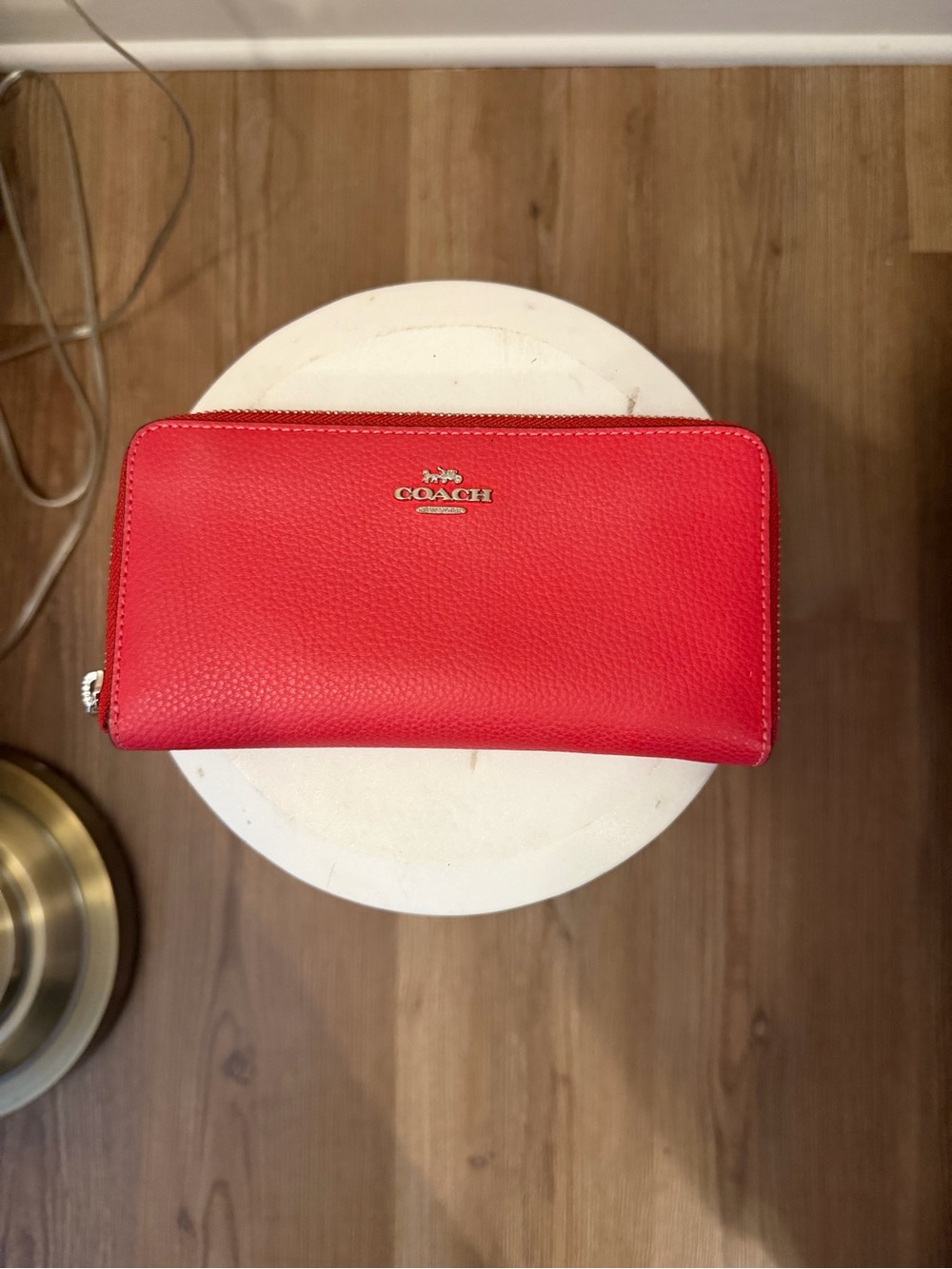 Coach Red Pebbled Leather Zip Wallet with Gold Logo